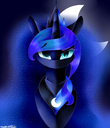 Size: 900x1052 | Tagged: safe, artist:purediamond360, nightmare moon, princess luna, alicorn, pony, bust, duality, night, portrait