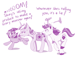 Size: 1280x967 | Tagged: safe, artist:dstears, shining armor, twilight sparkle, twilight velvet, pony, unicorn, annoyed, cross-popping veins, crying, cute, dialogue, female, filly, filly twilight sparkle, food, mare, parenting, saddle bag, siblings, we never had one single fight, younger