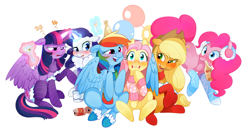 Size: 1320x690 | Tagged: safe, artist:aidapone, derpibooru import, applejack, fluttershy, pinkie pie, rainbow dash, rarity, twilight sparkle, twilight sparkle (alicorn), alicorn, earth pony, pegasus, pony, unicorn, 2016, alcohol, balloon, blushing, bottle, bottomless, cans, champagne, clothes, cocktail, drunk, drunk aj, drunk rarity, drunk twilight, drunker dash, drunkershy, drunkie pie, earmuffs, female, floppy ears, food, hard cider, hat, hug, magic, mane six, mare, new year, partial nudity, party hat, scarf, socks, striped socks, sweater, sweatershy, telekinesis, winghug