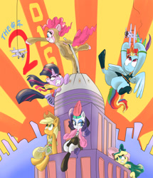 Size: 2207x2569 | Tagged: safe, artist:chrischin, derpibooru import, applejack, fluttershy, pinkie pie, rainbow dash, rarity, twilight sparkle, earth pony, gorilla, pegasus, pony, unicorn, 2016, clothes, costume, king kong, mane six, skyscraper