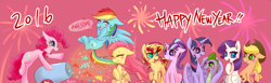 Size: 1950x600 | Tagged: safe, artist:phyllismi, derpibooru import, applejack, fluttershy, pinkie pie, rainbow dash, rarity, spike, starlight glimmer, sunset shimmer, twilight sparkle, twilight sparkle (alicorn), alicorn, dragon, earth pony, pegasus, pony, unicorn, 2016, alternate mane seven, applejack's hat, cowboy hat, dialogue, equalized mane, eyes closed, female, fireworks, floppy ears, happy new year, happy new year 2016, hat, hug, male, mane nine, mane seven, mane six, mare, new year, one eye closed, open mouth, party cannon, s5 starlight, sitting, speech bubble, spikelove, winghug