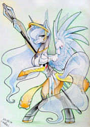 Size: 712x1000 | Tagged: safe, artist:limreiart, princess luna, alicorn, pony, bipedal, colored pencil drawing, crossover, female, looking at you, mare, mercy, overwatch, simple background, smiling, solo, traditional art