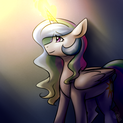 Size: 750x750 | Tagged: safe, artist:cosmalumi, princess celestia, alicorn, pony, glowing horn, magic, smiling, solo