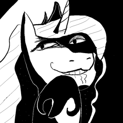 Size: 800x800 | Tagged: safe, artist:silence, princess luna, alicorn, pony, black and white, black background, female, grayscale, lip bite, mare, monochrome, simple background, smug, solo