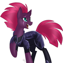 Size: 750x750 | Tagged: safe, artist:cosmalumi, fizzlepop berrytwist, tempest shadow, pony, unicorn, my little pony: the movie, armor, broken horn, eye scar, female, happy, hoof on chest, mare, open mouth, raised hoof, raised leg, scar, simple background, smiling, solo, white background