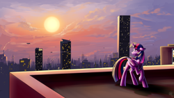 Size: 1920x1080 | Tagged: safe, alternate version, artist:cosmalumi, twilight sparkle, twilight sparkle (alicorn), alicorn, pony, city, cloud, commission, female, floppy ears, looking back, mare, scenery, sky, solo, standing, sun, sunset, walking