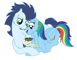 Size: 1024x797 | Tagged: safe, artist:smava-heartsong, rainbow dash, soarin', pegasus, pony, baby, female, male, momma dash, offspring, parent:rainbow dash, parent:soarin', parents:soarindash, shipping, soarindash, straight