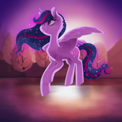 Size: 2000x2000 | Tagged: safe, artist:miss-cats, derpibooru import, twilight sparkle, twilight sparkle (alicorn), alicorn, pony, autumn, cute, ethereal mane, female, flying, high res, mare, solo, twiabetes, twilight (astronomy), water