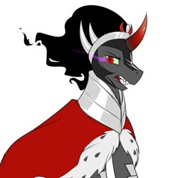 Size: 750x750 | Tagged: safe, artist:cosmalumi, king sombra, pony, unicorn, cape, clothes, crown, fangs, jewelry, looking back, male, open mouth, red eyes, regalia, simple background, solo, stallion