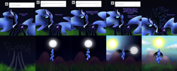 Size: 3758x1502 | Tagged: safe, artist:cosmalumi, nightmare moon, alicorn, pony, ask, comic, moon, solo, sun, tumblr, tumblr:ask queen moon