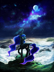 Size: 1314x1763 | Tagged: safe, artist:r0b0tassassin, princess luna, alicorn, pony, cloud, female, folded wings, jewelry, looking away, mare, moon, mountain, raised hoof, regalia, scenery, sky, smiling, solo, space, stars