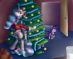 Size: 1428x1149 | Tagged: safe, artist:silviawinter, derpibooru import, princess celestia, smarty pants, twilight sparkle, alicorn, pony, :i, bipedal, christmas tree, clothes, crumbs, filly, filly twilight sparkle, food, hat, hiding, implied cookies, milk, present, santa costume, santa hat, tree