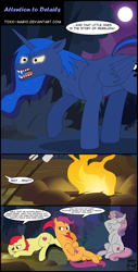Size: 3480x6867 | Tagged: safe, artist:toxic-mario, apple bloom, princess luna, scootaloo, sweetie belle, alicorn, hengstwolf, hybrid, pony, werewolf, campfire tales, campfire, canines, comic, cutie mark, cutie mark crusaders, fangs, female, forest, full moon, glowing eyes, moon, muscle fetish, muscles, new style, night, older, older apple bloom, older scootaloo, older sweetie belle, open mouth, scenery, teenager, teeth, that was fast, the cmc's cutie marks, transformation, wereluna