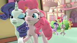 Size: 1280x720 | Tagged: safe, artist:hellhounds04, derpibooru import, apple bloom, pinkie pie, rarity, scootaloo, spike, sweetie belle, twilight sparkle, twilight sparkle (alicorn), alicorn, dragon, earth pony, pony, unicorn, 3d, cutie mark crusaders, female, lesbian, mare, raripie, shipping, shipping denied