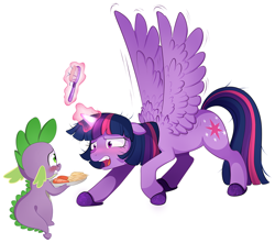 Size: 882x781 | Tagged: safe, artist:aidapone, derpibooru import, spike, twilight sparkle, twilight sparkle (alicorn), alicorn, dragon, pony, blushing, brush, female, mare, wingboner