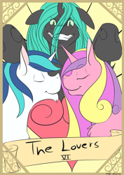 Size: 2480x3507 | Tagged: safe, artist:dragoon32, artist:majo32, princess cadance, queen chrysalis, shining armor, alicorn, changeling, changeling queen, pony, unicorn, female, hearts and hooves day, male, out of character, redraw, shiningcadance, shipper on deck, shipping, straight, tarot card