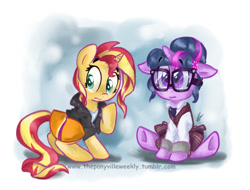 Size: 906x687 | Tagged: safe, artist:vago-xd, derpibooru import, sci-twi, sunset shimmer, twilight sparkle, pony, unicorn, equestria girls, clothes, colored pupils, duo, equestria girls outfit, equestria girls ponified, floppy ears, glasses, ponified, ponified humanized pony, simple background, sitting, underhoof, unicorn sci-twi, white background