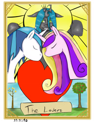 Size: 1921x2505 | Tagged: safe, artist:dragoon32, princess cadance, queen chrysalis, shining armor, alicorn, changeling, changeling queen, pony, unicorn, female, male, shiningcadance, shipping, straight, tarot card