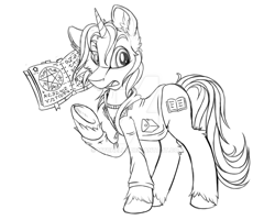 Size: 1024x819 | Tagged: safe, artist:mychelle, pony, unicorn, book, crossover, male, monochrome, ponified, sam winchester, sketch, solo, stallion, supernatural, watermark