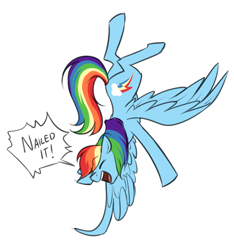 Size: 750x800 | Tagged: safe, artist:cosmalumi, rainbow dash, pegasus, pony, dialogue, excited, happy, nailed it, simple background, white background, wing-ups