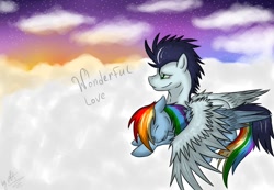 Size: 1024x709 | Tagged: safe, artist:rainbowaliona, rainbow dash, soarin', pegasus, pony, female, male, shipping, soarindash, straight