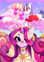 Size: 2598x3626 | Tagged: source needed, safe, artist:yukomaussi, princess cadance, shining armor, alicorn, pony, unicorn, clothes, dress, dress uniform, female, heart, male, mare, shiningcadance, shipping, stallion, straight, uniform, wedding dress