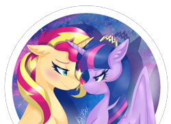 Size: 2200x1600 | Tagged: safe, artist:kikirdcz, derpibooru import, sunset shimmer, twilight sparkle, twilight sparkle (alicorn), alicorn, pony, unicorn, blushing, female, horns are touching, lesbian, shipping, simple background, sunsetsparkle, transparent background