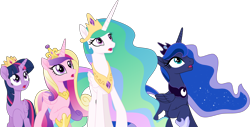 Size: 8092x4096 | Tagged: safe, artist:tralomine, princess cadance, princess celestia, princess luna, twilight sparkle, twilight sparkle (alicorn), alicorn, pony, my little pony: the movie, .svg available, absurd resolution, crown, jewelry, looking at something, looking up, open mouth, regalia, royal sisters, simple background, transparent background, vector