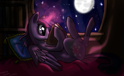 Size: 873x535 | Tagged: safe, artist:cinder42, derpibooru import, twilight sparkle, twilight sparkle (alicorn), alicorn, pony, book, cute, female, glowing horn, magic, mare, moon, night, on back, reading, solo, twiabetes