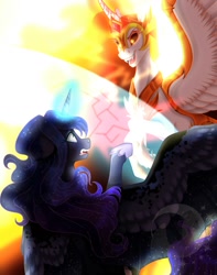 Size: 1433x1814 | Tagged: safe, artist:djspark3, daybreaker, princess luna, alicorn, pony, a royal problem, crying, evil grin, fight, force field, glowing horn, grin, magic, mane of fire, role reversal, smiling, spread wings, wings