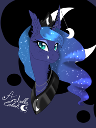 Size: 1440x1920 | Tagged: safe, artist:djspark3, princess luna, alicorn, pony, alternate design, bust, cutie mark background, ear fluff, fangs, female, freckles, horn jewelry, jewelry, mare, portrait, regalia, signature, slit eyes, smiling, solo