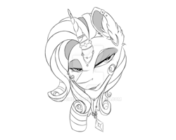 Size: 900x720 | Tagged: safe, artist:mychelle, rarity, pony, unicorn, bust, horn ring, jewelry, monochrome, pendant, portrait, solo, watermark