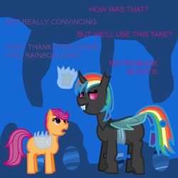 Size: 600x600 | Tagged: safe, rainbow dash, scootaloo, changeling, pegasus, pony, blue coat, female, mare, multicolored mane