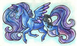 Size: 1024x613 | Tagged: safe, artist:twixyamber, princess luna, alicorn, pony, colored wings, multicolored wings, solo, traditional art