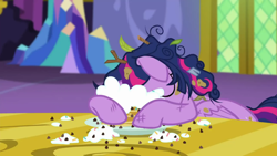 Size: 1920x1080 | Tagged: safe, derpibooru import, screencap, twilight sparkle, twilight sparkle (alicorn), alicorn, pony, castle sweet castle, female, food, i'm pancake, mare, pancakes, sleeping, solo