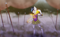 Size: 3200x2000 | Tagged: safe, artist:al1-ce, derpibooru exclusive, shining armor, anthro, armor, armor skirt, armpits, battlefield, commission, magic, skirt, solo, spear, standing, weapon, your character here