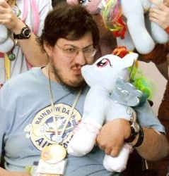 Size: 296x310 | Tagged: safe, rainbow dash, human, brony, build-a-bear, glasses, irl, irl human, kissing, merch kissing, neckbeard, photo, plushie