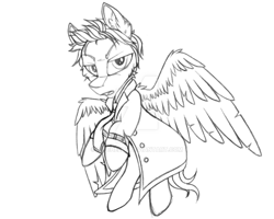 Size: 1024x819 | Tagged: safe, artist:mychelle, pegasus, pony, castiel, clothes, ear fluff, grayscale, looking at you, male, monochrome, open mouth, ponified, simple background, solo, stallion, supernatural, watermark, white background