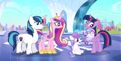 Size: 5617x2849 | Tagged: safe, artist:velveagicsentryyt, princess cadance, princess flurry heart, shining armor, twilight sparkle, twilight sparkle (alicorn), oc, oc:chryssa, alicorn, pony, unicorn, auntie twilight, baby, baby pony, hug, offspring, older, parent:princess cadance, parent:shining armor, parents:shiningcadance