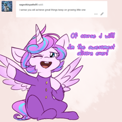 Size: 720x720 | Tagged: safe, artist:cosmalumi, princess flurry heart, alicorn, pony, ask, clothes, cute, dialogue, flurrybetes, flurryheart-babbles, looking at you, one eye closed, open mouth, pajamas, simple background, solo, spread wings, tumblr, wings