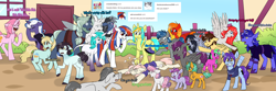 Size: 1280x427 | Tagged: safe, artist:cosmalumi, sweetie belle, oc, oc:bay, oc:cloudy sky, oc:cyber magus, oc:deli, oc:dream baker, oc:frostfall, oc:glittershell, oc:gloomy mark, oc:marathon, oc:night gear, oc:ocean bird, oc:paradigm, oc:polaris, oc:rose, oc:sandy shores, oc:silver wing, oc:sky highlight, oc:sunrise tune, pony, albino changeling, ask-marathon, circling stars, floppy ears, knocked out, looking at you, lots of characters, swirly eyes, waving, white changeling