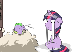 Size: 1750x1250 | Tagged: safe, artist:doggonepony, derpibooru import, spike, twilight sparkle, dragon, baby spike, bibliovore, crying, filly, filly twilight sparkle, pica, scroll