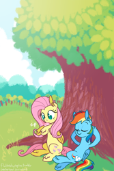 Size: 1000x1500 | Tagged: safe, artist:ponett, fluttershy, rainbow dash, pegasus, pony, flutterdash, relaxing, tea, tree, unshorn fetlocks