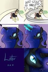 Size: 1500x2250 | Tagged: safe, artist:cosmalumi, nightmare moon, alicorn, pony, unicorn, ..., ask, clothes, comic, glowing horn, magic, maid, telekinesis, tray, tumblr, tumblr:ask queen moon