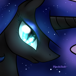 Size: 750x750 | Tagged: safe, artist:cosmalumi, nightmare moon, alicorn, pony, dialogue, glowing eyes, slit eyes, solo