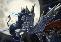 Size: 1024x705 | Tagged: safe, artist:obscurechime2017, princess luna, alicorn, pony, bow (weapon), female, glowing horn, jewelry, magic, mare, moon, regalia, solo, spread wings, telekinesis, unshorn fetlocks, watermark, weapon, wings