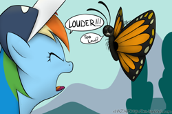 Size: 1220x807 | Tagged: safe, artist:xhazard78x, rainbow dash, butterfly, pegasus, pony, coaching cap, hat, louder