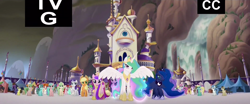 Size: 1920x800 | Tagged: safe, screencap, applejack, princess cadance, princess celestia, princess luna, rarity, twilight sparkle, twilight sparkle (alicorn), alicorn, earth pony, pony, unicorn, my little pony: the movie, canterlot, tv-g