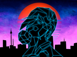 Size: 1000x750 | Tagged: safe, artist:cosmalumi, oc, oc only, oc:nighttide star, bubblegum, city, female, food, gum, horizon, mare, new retro wave, silhouette, sky, solo, stars, sunset, vaporwave