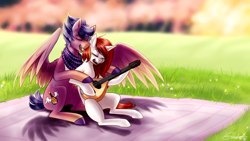 Size: 1920x1080 | Tagged: safe, artist:cosmalumi, oc, oc only, pegasus, pony, unicorn, acoustic guitar, eyes closed, female, gift art, guitar, male, mare, singing, smiling, stallion